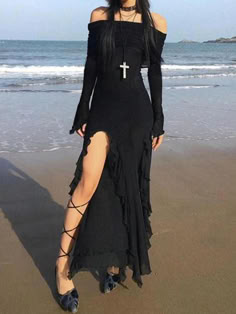 Plain Asymmetrical Lettuce Edge Midi Slit A-Line Dress Off Shoulder Ruffle High Slit Maxi Dress - AnotherChill Black Full Sleeve Dress, Long Sleeve Maxi Dresses, Side Split Maxi Dress, Fashion Dark, Split Long Dress, Maxi Dresses For Women, Ruffles Fashion, Holiday Beach, Split Maxi Dress