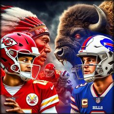 two football players and an animal are depicted in this composite image with the buffalo logo on their helmets