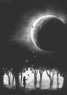 a person standing in front of trees with the moon behind them and birds flying around