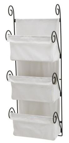 three white hanging storage baskets with black iron handles and four canvas bags on each side