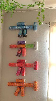 there are many different colored batteries on the wall