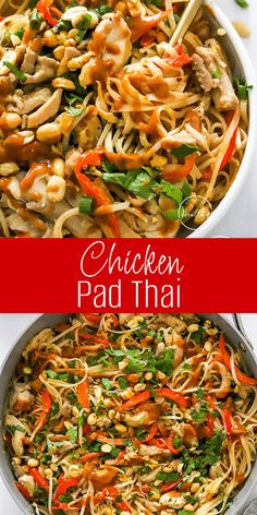 chicken pad thai noodles in a pan with chopsticks