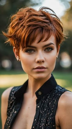 Effortless Red Hair Styles for Fall 2024 💁‍♀️ Hair Colour Green Eyes, Auburn Pixie, Auburn Hair Short, Trendy Fall Hair Color, Messy Pixie Haircut, Hair Colour For Green Eyes, Classic Haircut, Hair Color Options, Choppy Hair