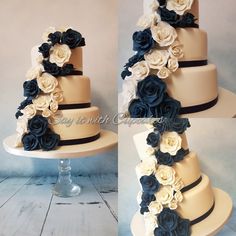 three tiered wedding cake with blue and white flowers