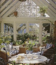 a table and chairs in a room with large windows on both sides, surrounded by potted plants