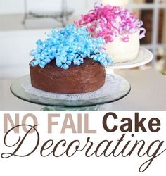 two cakes on plates with the words no fail cake decorating above them and below