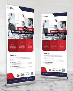 two roll up banners with red and blue accents