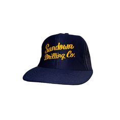 Vintage Sundown Drilling Co Hat  Used condition. lost one snap. See pics! 100% cotton Made in USA THIS IS USED ITEM ! PLEASE DONT EXPECTED IT TO BE LIKE NEW OR IN PRISTINE CONDITION ! One size fits all. Worldwide shipping: Approximate delivery time 14-30 days Please be careful and ask any specific questions about item before purchasing. I can send you additional details photos as needed. Blue Cotton Trucker Snapback Hat, Blue Cotton Snapback Trucker Hat, Vintage Blue Cotton Trucker Hat, Retro Cotton Trucker Hat With Curved Brim, Retro Cotton Trucker Hat With Flat Brim, Vintage Cotton Trucker Hat For Beach, Blue Cotton Trucker Hat For The Beach, Blue Cotton Snapback Hat With Curved Brim, Blue Cotton Flat Brim Baseball Cap