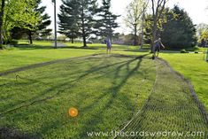 two people are playing frisbee golf in the park