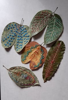 five different colored leaves on a white surface