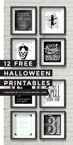 a white brick wall with black and white pictures on it that says 12 free halloween printables