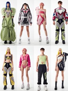 six models in different outfits posing for the camera, all wearing high waisted shorts and crop tops