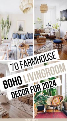 a collage of photos with the words 70 farmhouse house boho living room decor for 2012