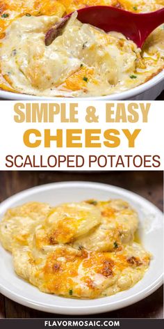 two images showing different types of cheesy potato casserole with text overlay