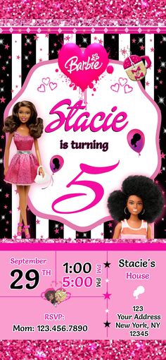 a pink and black birthday party flyer with barbie dolls on it's back side