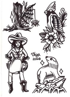 some tattoos that are on the back of a sheet of paper with an image of a woman in a cowboy hat