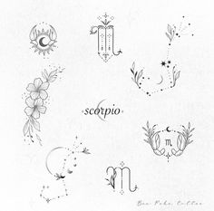 the zodiac signs are drawn in black ink on white paper with stars, moon and flowers