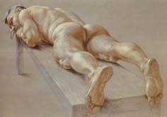 a drawing of a man laying on top of a piece of wood with his head down