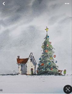 a painting of a christmas tree in front of a house