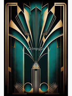 an art deco poster with green and gold colors