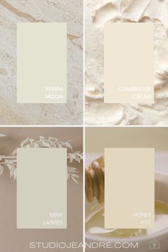 four different shades of white paint with the words warm moon and almond cream on them