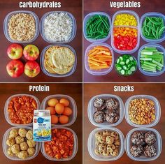 four pictures show different types of food in plastic containers, including apples, carrots, crackers, and veggies