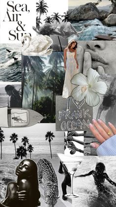 a collage with pictures and words about the ocean, beach, and palm trees