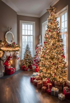 a decorated christmas tree in a living room with presents on the floor next to it