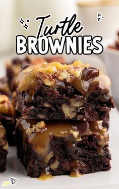 chocolate brownies stacked on top of each other with caramel drizzle toppings