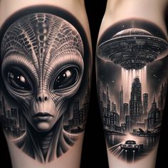 an alien tattoo on the leg of a woman's arm with city skylines in the background