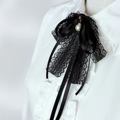 Luxulry Lace Ribbon Bow Tie Crystal Rhinestone Bowtie Pearl Pendant Brooch Pin Vintage Necktie Shirt Lace Ribbon Bow, Collar Shirts Women, Shirt Collar Pins, Ribbon Bow Tie, Black Blouse Women, Tie For Women, Simple Pearl, Black Bow Tie, Collar Pins