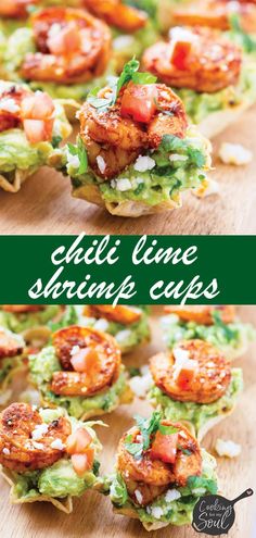 some shrimp and guacamole cups on a cutting board with the words grilled lime shrimp cups