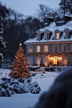 French Country Architecture, French Manor, Cottage Houses, Christmas Tree With Lights, Tree With Lights, Snowed In, Christmas Houses, Christmas Cottage, Stone Siding