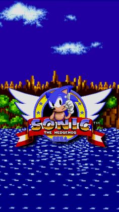 sonic the hedgehog title screen with an image of a city and water in the background