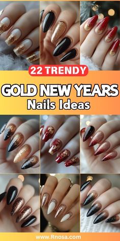 22 trendy gold New Year’s nail ideas that are perfect for a dazzling celebration. Featuring gold accents on almond and stiletto shapes, these designs combine black, red, and white bases with stunning gold glitter and shimmer. Ideal for classy yet bold nails, these designs add an elegant touch to your winter style, perfect for ringing in the New Year. Bold Nails, Ringing In The New Year, Glamorous Look, Nails Ideas, To Shine