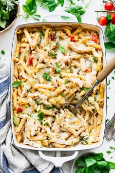 a casserole dish filled with chicken and pasta