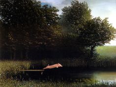 a painting of a cow laying on a bench in the middle of a swampy area