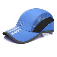 a blue hat with black mesh on the front and white trimming around the peak