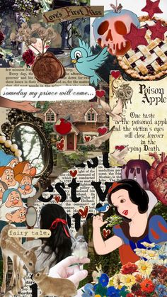 a collage with many different pictures and words on it, including an image of snow white