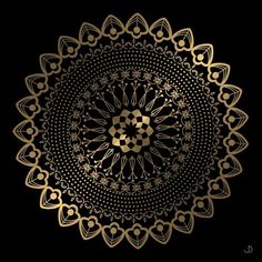 a golden circular design on black background with hearts and flowers in the center, as well as an ornamental ornament