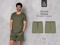 "Men Shorts Sewing Pattern PDF, Jersey men's shorts pattern, Summer sport shorts for men pattern, Sewing Tutorial, Sizes S - XL Jersey men's shorts is semi-fitted with side pockets. The applied elasticated waistband with grommets in center and drawstring casing with cord threaded through it. Bottom of the shorts is raw edged and finished with top stitching. Each shorts pattern includes three heights: Height 170 (66,9\") - 176 (69,3\") Height 176 (69,3\") - 182 (71,6\") Height 182 (71,6\") - 188 (74\") Ready to download and print. All inscriptions and symbols on patterns in English. The pattern contains 4 sizes: - S / EU 40  - M / EU 42 - L / EU 44 - XL / EU 46 ✂️📍 More men's sewing pattern you can find here: https://www.etsy.com/shop/FabricoPatterns?ref=seller-platform-mcnav&section_id=32 Mens Shorts Pattern, Shorts Sewing Pattern, Shorts Sewing, Summer Sport, Shorts Pattern, Shorts For Men, Sport Shorts, Men's Shorts, Sewing Pattern