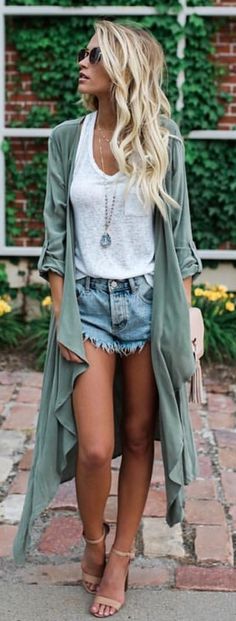 #summer #outfits Army Poncho + White Tank + Denim Short + Nude Sandals Trekking Outfit Women, Mode Hippie, Outfits To Copy, Mode Boho, Cute Summer Outfits, Ladies Dress Design, Outfit Idea, Womens Fashion Casual, Women's Fashion Dresses