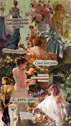 a collage of women in dresses and flowers with words written on the side of them