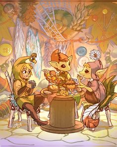 three cartoon characters sitting at a table with food