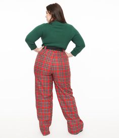 These chic 1950s style plus size wide leg trousers are crafted in a red plaid woven blend and features a thick waistband that is secured by a front zipper and button closure. Complete with a black self-tie sash, functional side pockets, and faux back pockets!Available in sizes XS-5X while supplies last. Plus Size Wide Leg, Vintage Plus Size, 1950s Style, Fashion Aesthetics, 1950s Fashion, Red Plaid, Wide Leg Trousers, Unique Vintage, Front Zipper