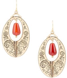 From Barse&#x2C; these earrings feature: Drop earringsBronze metalGenuine carnelian stonesFrench wire closureApprox. 2.5" lengthImported. Red Carnelian, Carnelian Stone, Carnelian Beads, Statement Drop Earrings, Fiery Red, French Wire, Gold Drop Earrings, Artisan Craft, Hippie Style