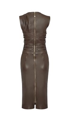 a women's brown leather dress with zippers on the front and back side