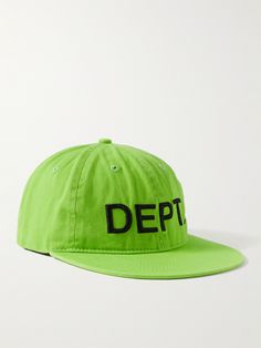 Los Angeles-based Gallery Dept.'s collections have a laid-back, rebellious vibe. This six-panel cap is made from cotton-twill and embroidered with a bold logo. The snap-back fastening can be adjusted to your preferred fit. Green Cotton Hat With Embroidered Logo, Cotton Hats With Logo Patch, Green Cotton Hat For Streetwear, Green Cotton Six-panel Hat, Green Cotton Flat Bill Hats, Embroidered Logo Six-panel Snapback For Streetwear, Six-panel Hats With Embroidered Logo For Streetwear, Six-panel Snapback Hat With Embroidered Logo For Streetwear, Embroidered Logo Snapback Hat For Streetwear