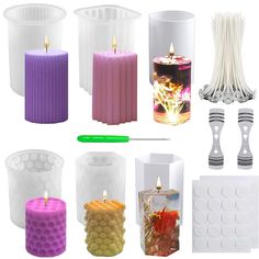 various candles and candle holders are shown in different colors