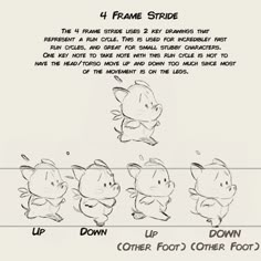 an animation storyboard showing how to draw three little pigs in four stages, each with their own foot on the floor